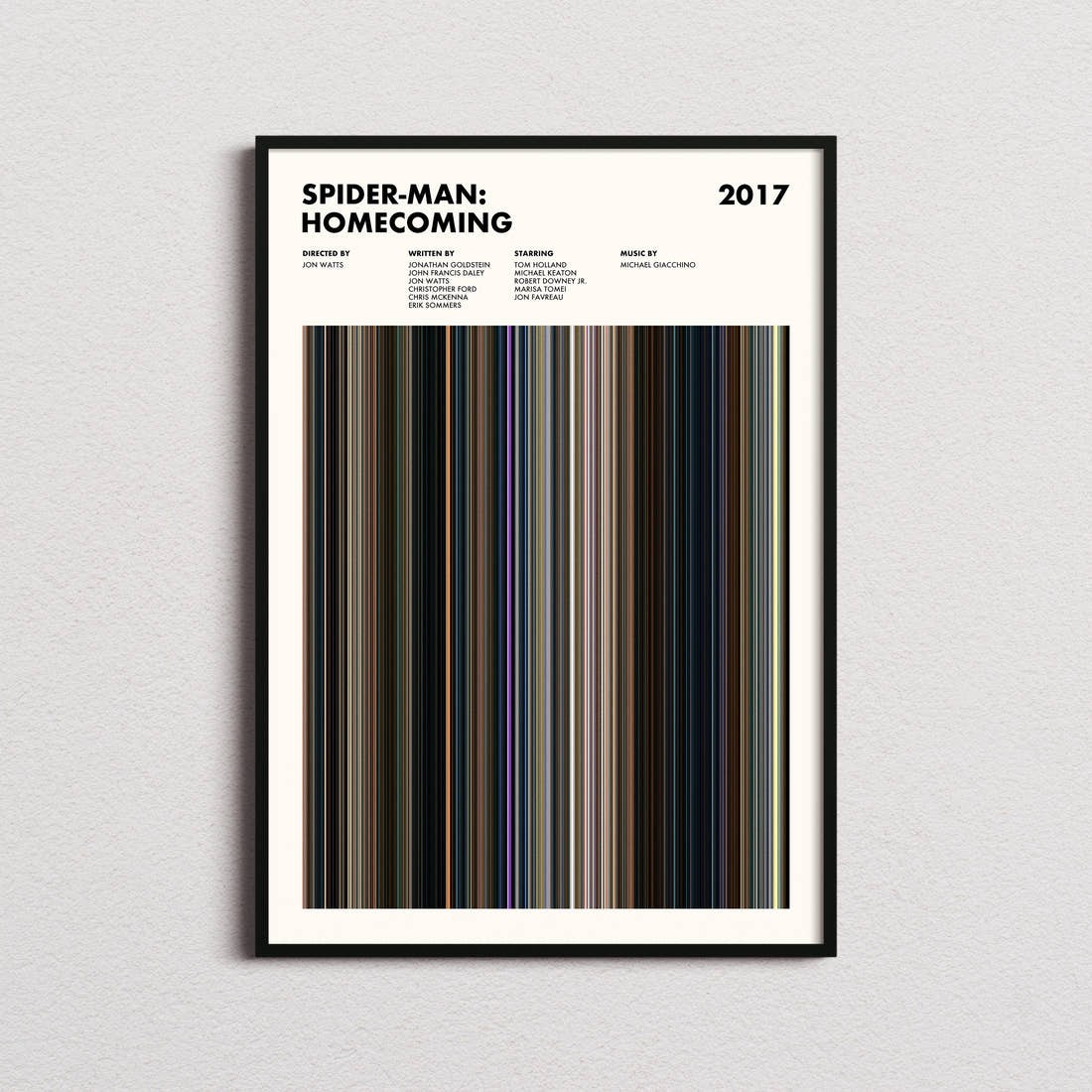 Spider-Man Homecoming Movie Barcode Poster framed on a plain studio wall