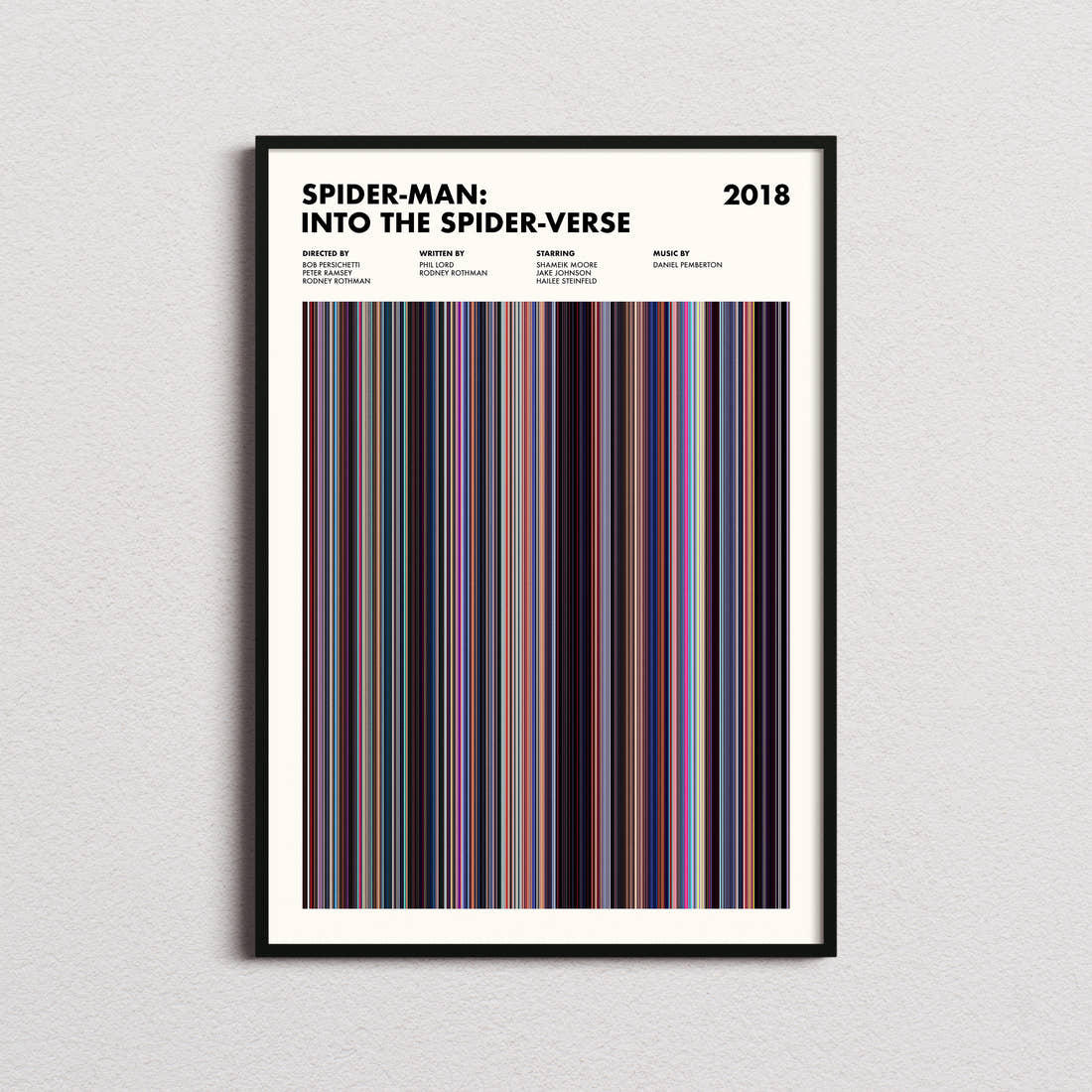 Spider-Man: Into the Spider-Verse Movie Barcode Poster framed on a plain studio wall