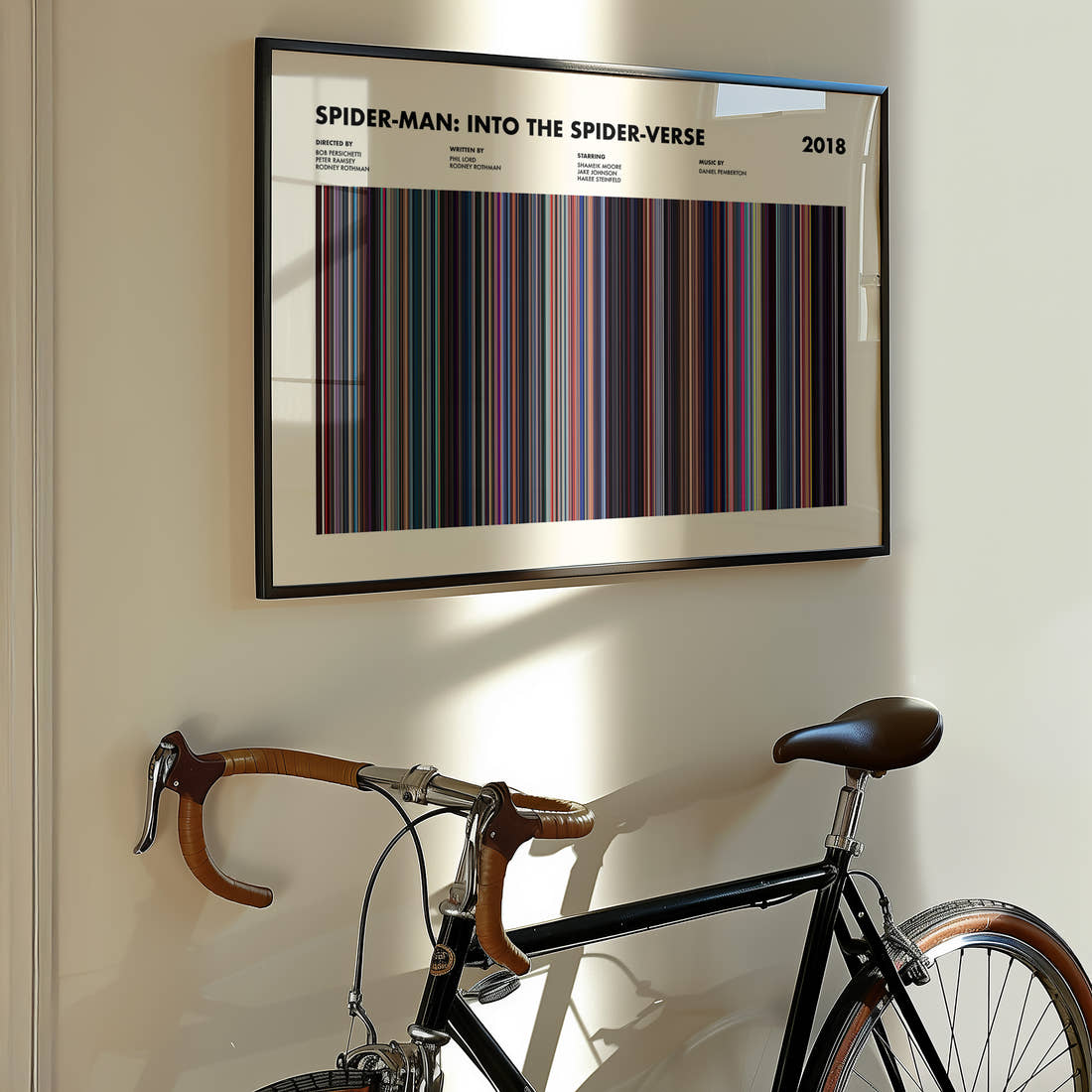 Spider-Man: Into the Spider-Verse Movie Barcode Poster framed on the wall of a styled room setting