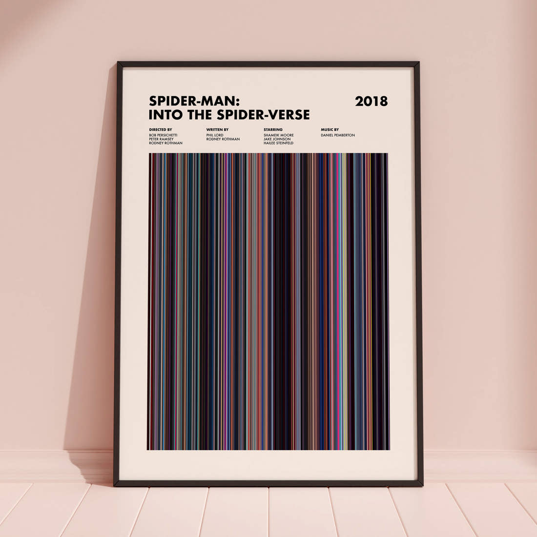 Spider-Man: Into the Spider-Verse Movie Barcode Poster framed and leaning against a coloured wall
