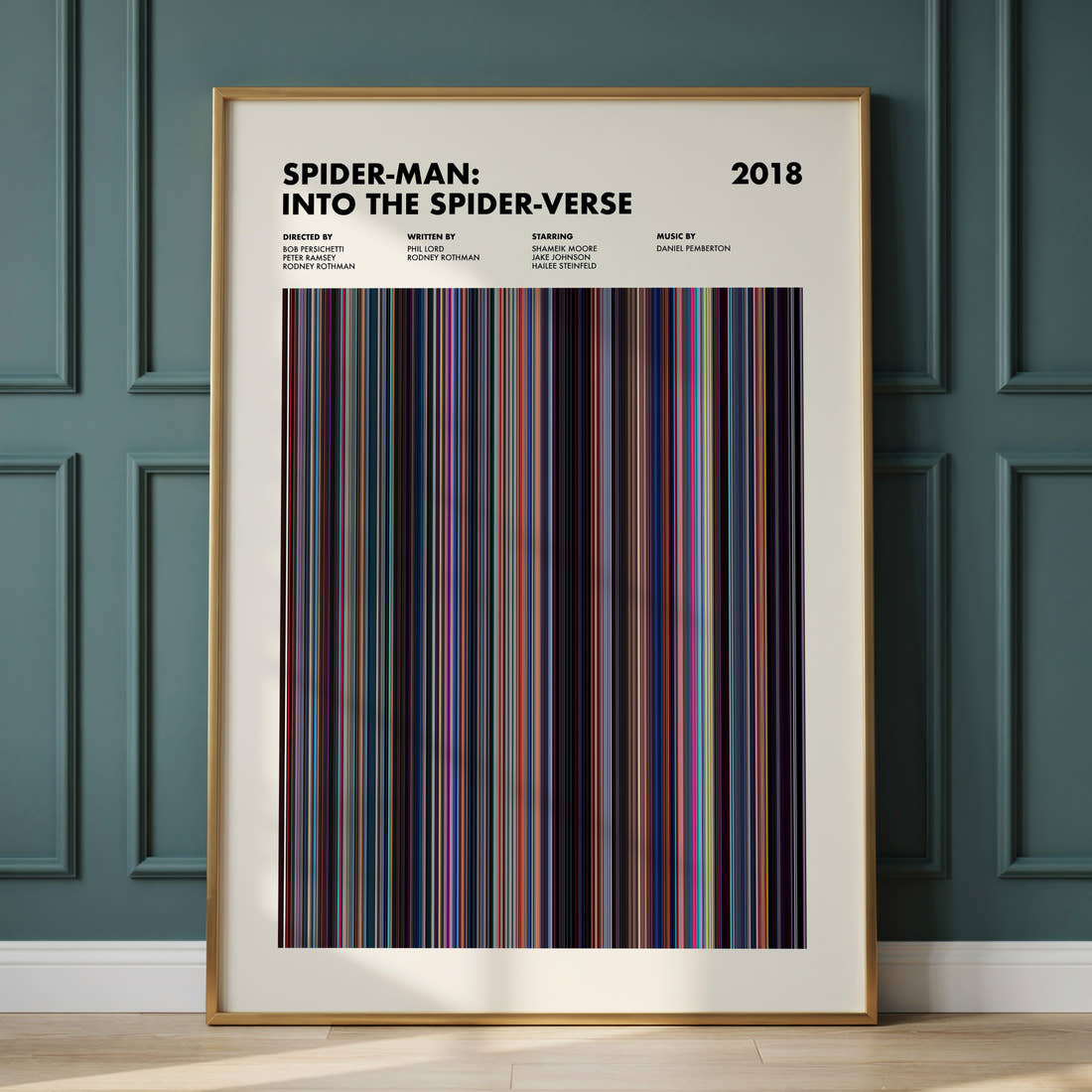 Spider-Man: Into the Spider-Verse Movie Barcode Poster framed and leaning against a panelled wall