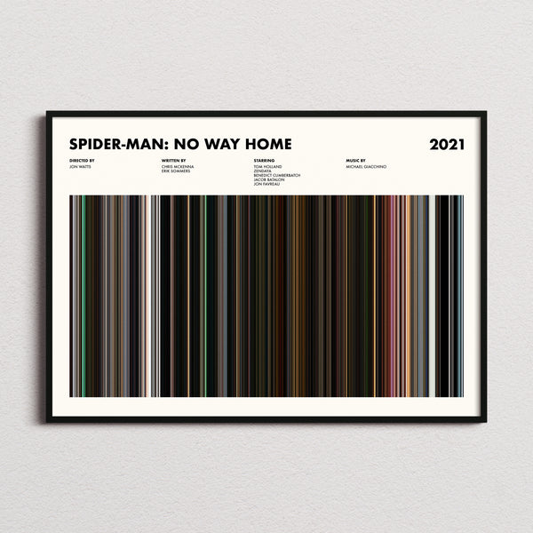 Spider-Man: No Way Home Movie Barcode Poster framed and photographed straight on