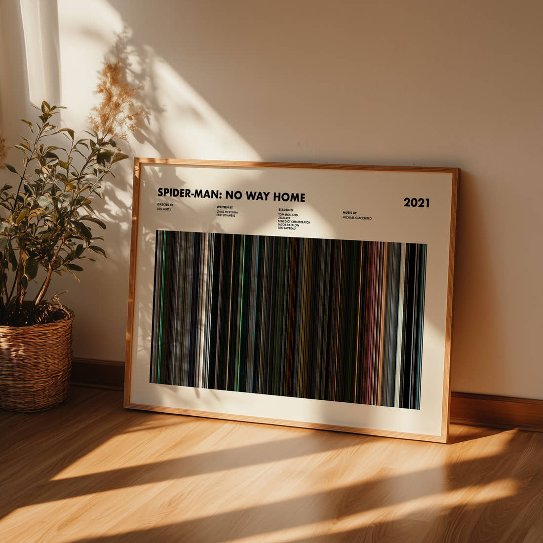 Spider-Man: No Way Home Movie Barcode Poster framed and leaning against a wall on a wooden floor