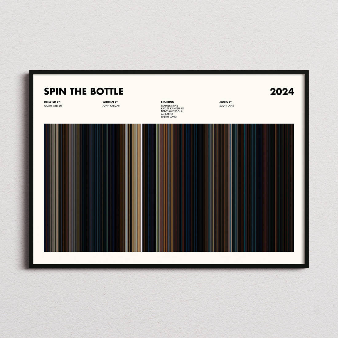 Spin the Bottle Movie Barcode Poster framed and photographed straight on