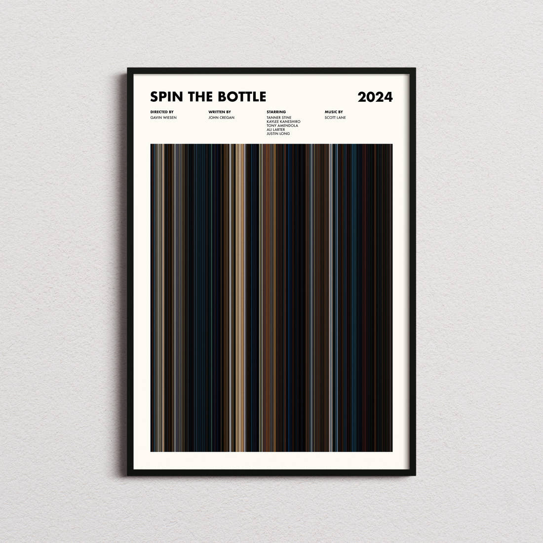 Spin the Bottle Movie Barcode Poster framed on a plain studio wall