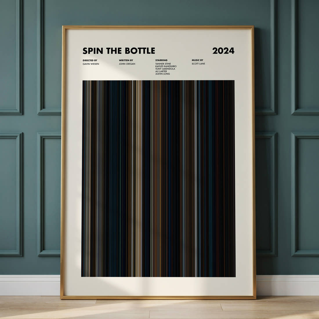 Spin the Bottle Movie Barcode Poster framed and leaning against a panelled wall