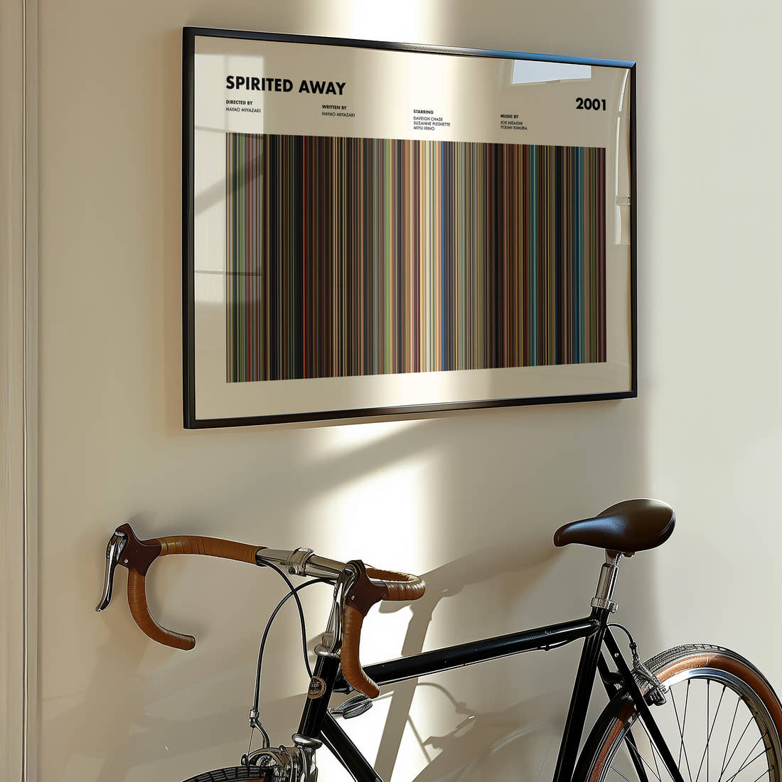 Spirited Away Movie Barcode Poster framed on the wall of a styled room setting