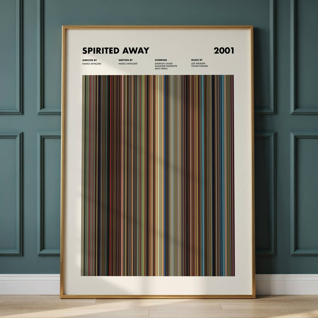 Spirited Away Movie Barcode Poster framed and leaning against a panelled wall