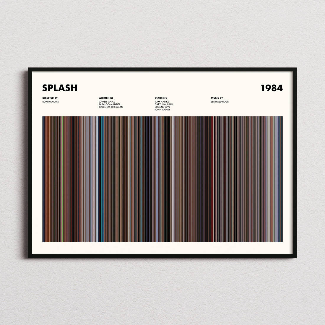Splash Movie Barcode Poster framed and photographed straight on
