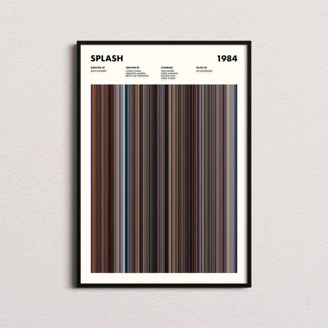 Splash Movie Barcode Poster framed on a plain studio wall