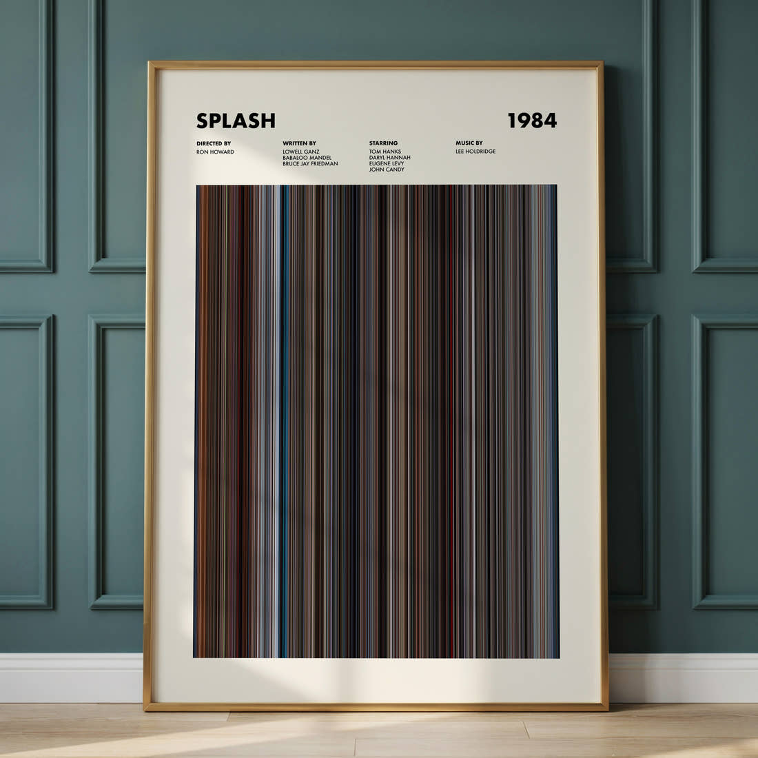 Splash Movie Barcode Poster framed and leaning against a panelled wall