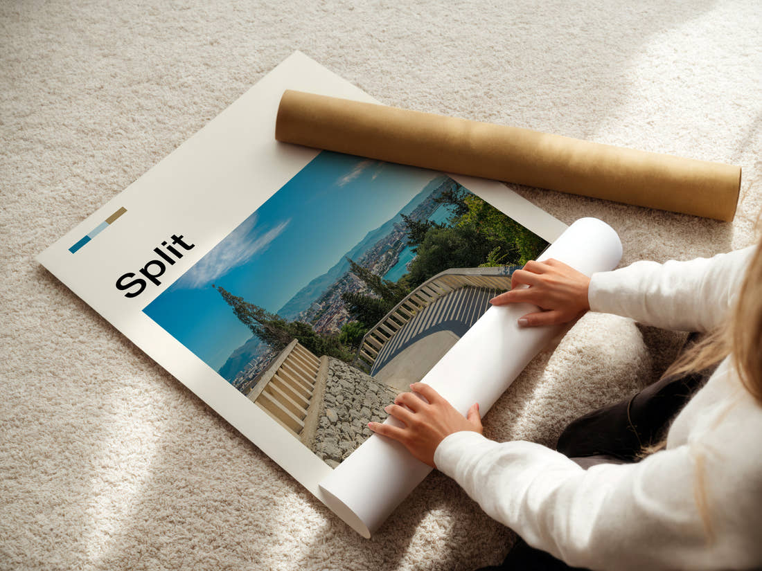 Split Marjan Hill Viewpoint Travel Print being unrolled from its postal tube