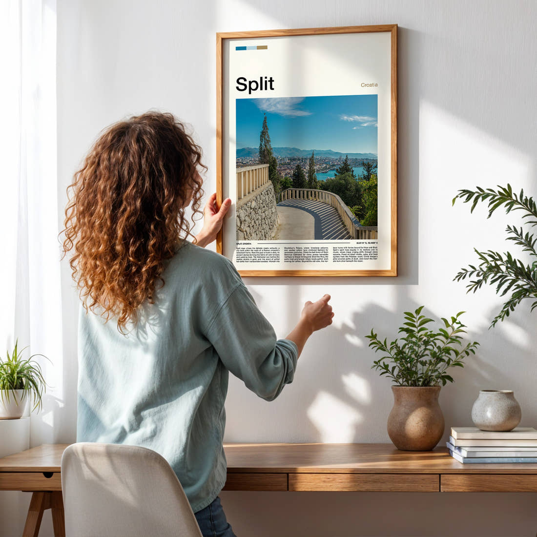 Split Marjan Hill Viewpoint Travel Print framed on a pale wall beside houseplants