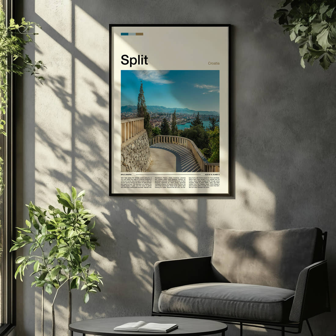 Split Marjan Hill Viewpoint Travel Print framed on the wall of a relaxed living room