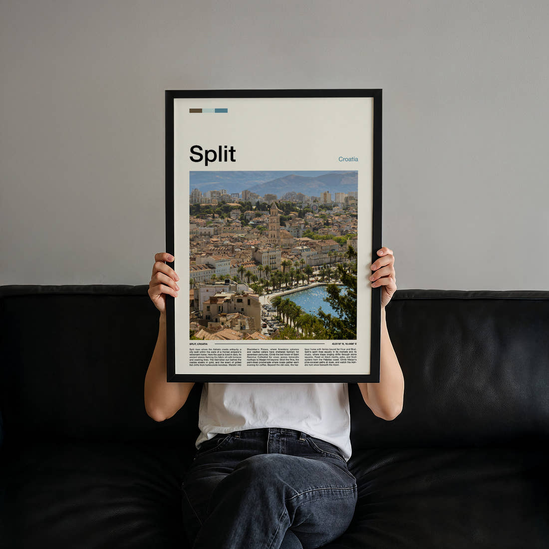 Split Cathedral Bell Tower View Travel Print held up by hand to show the size of the print