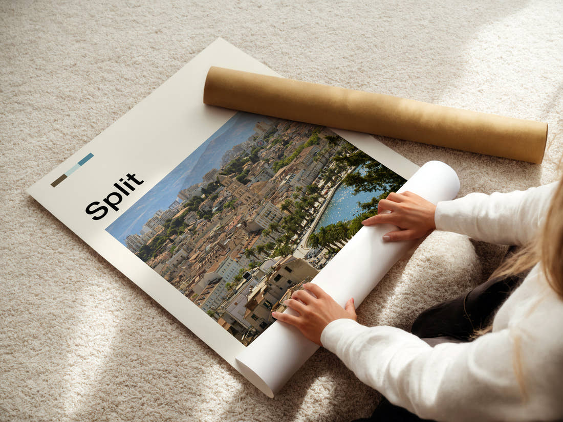 Split Cathedral Bell Tower View Travel Print being unrolled from its postal tube