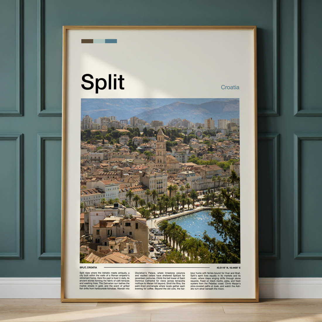 Split Cathedral Bell Tower View Travel Print framed on the wall of a calm, neutral bedroom