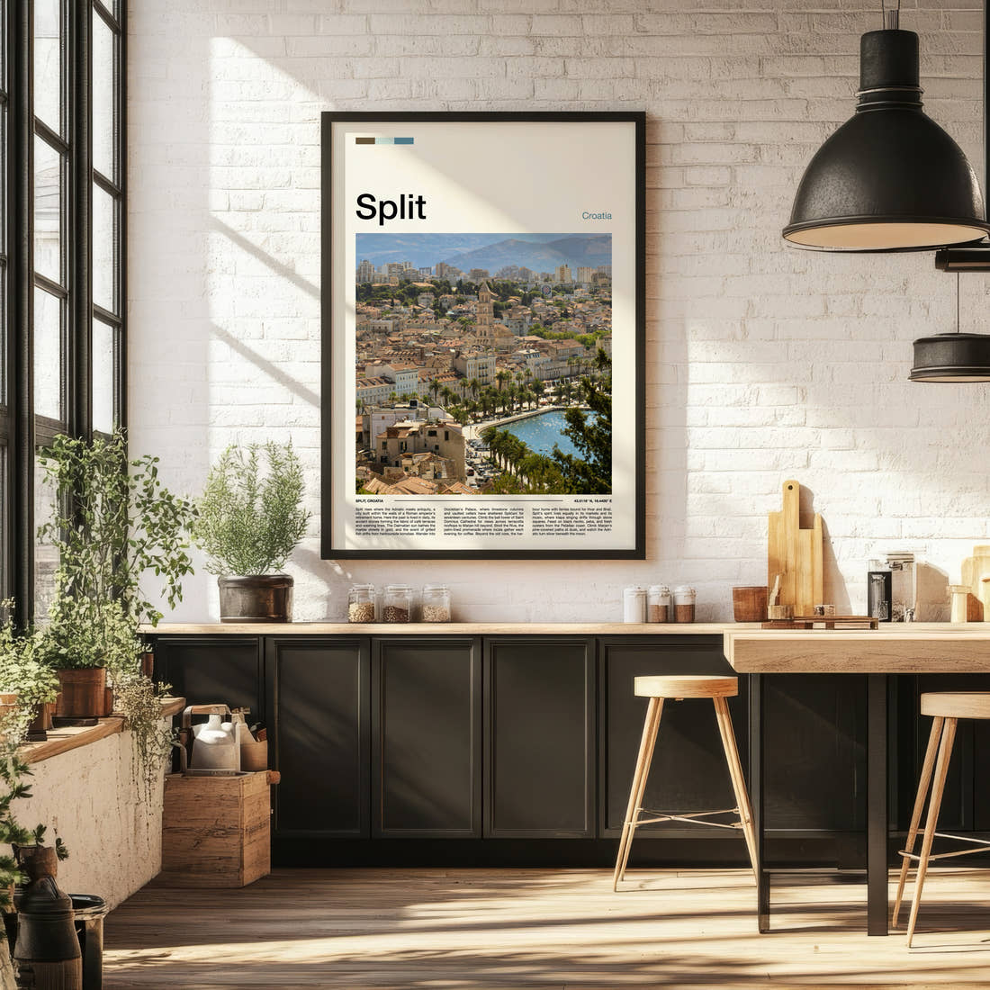 Split Cathedral Bell Tower View Travel Print framed on the wall of a bright kitchen and dining space