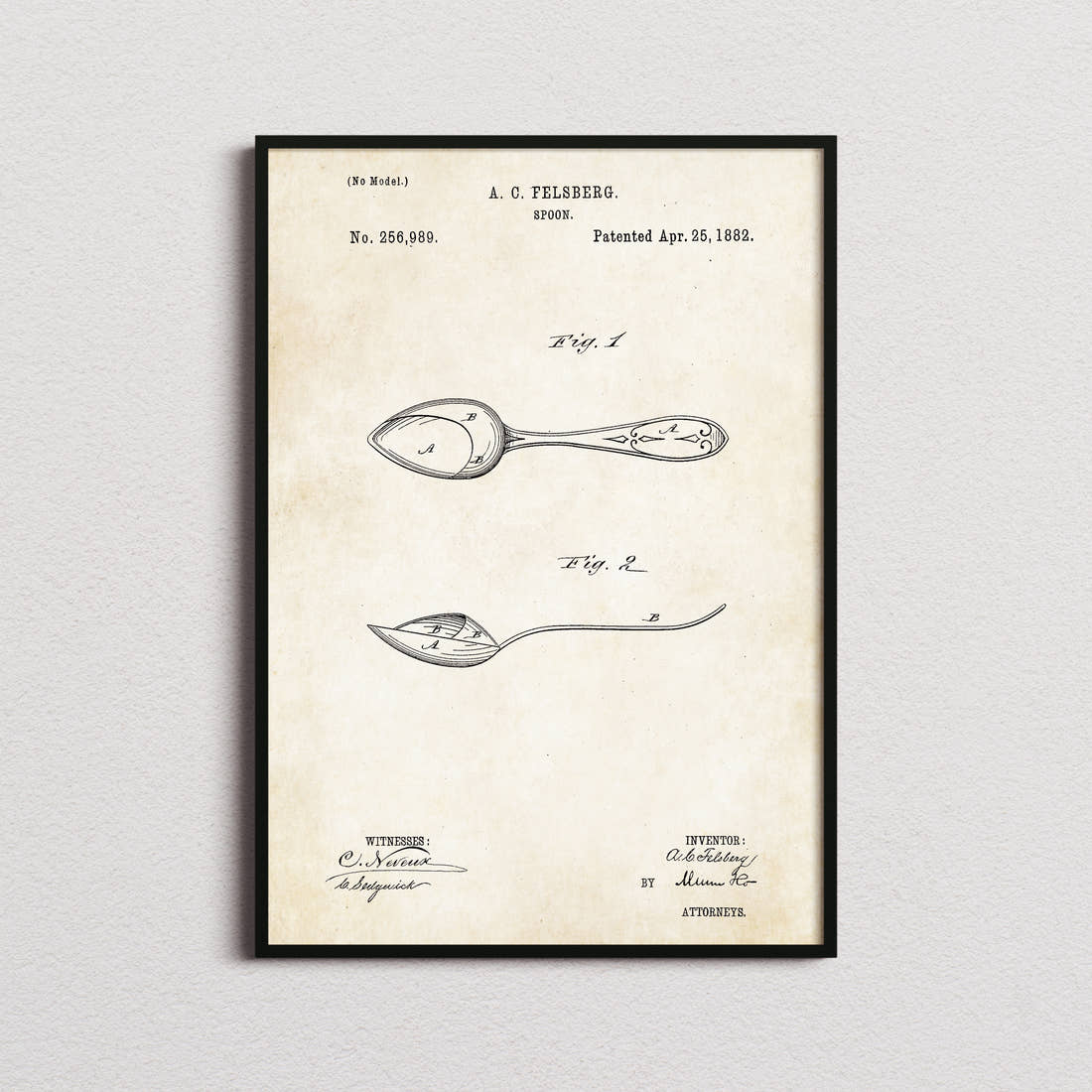 Spoon Patent Print in the aged paper colourway, framed