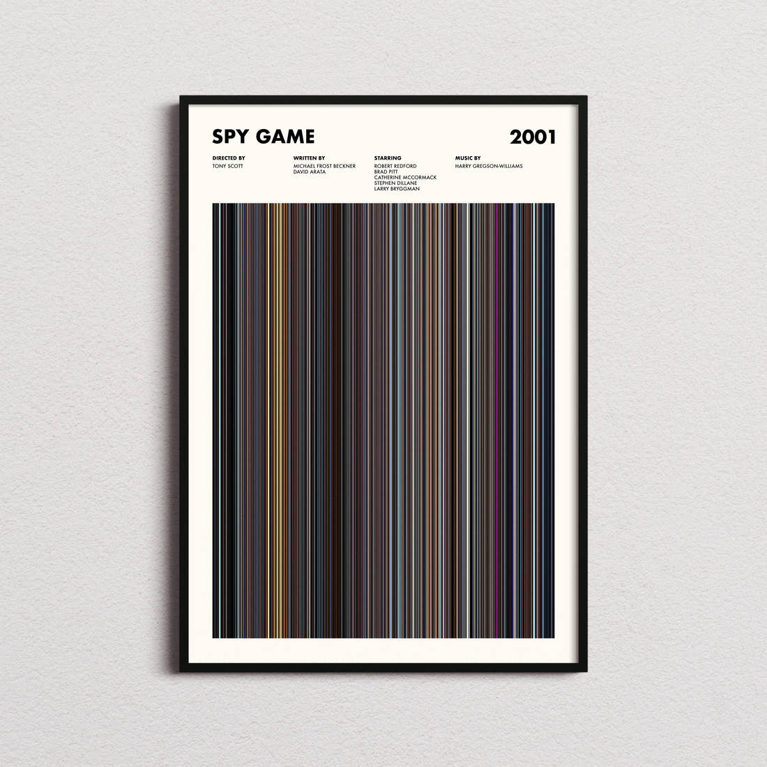 Spy Game Movie Barcode Poster framed on a plain studio wall