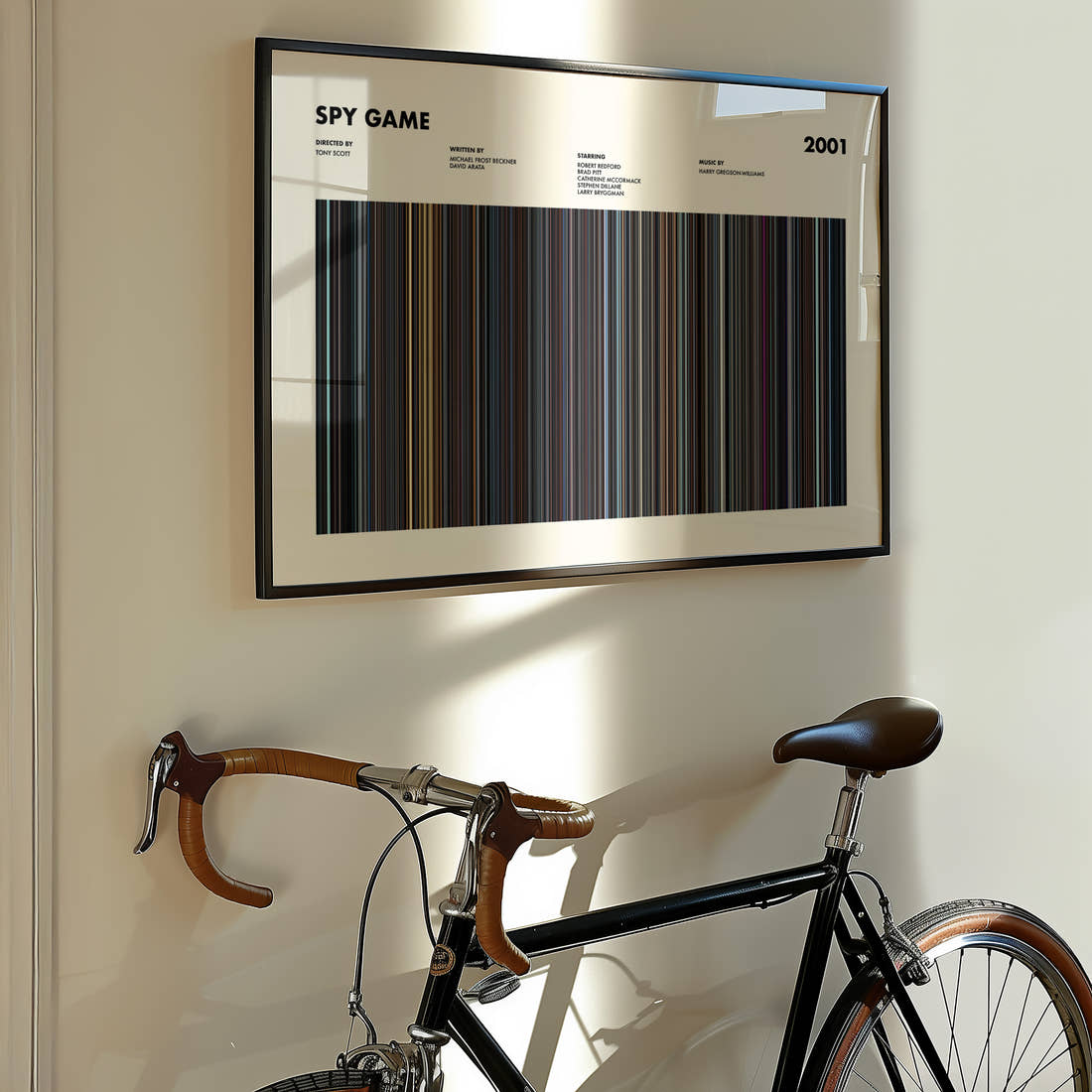 Spy Game Movie Barcode Poster framed on the wall of a styled room setting