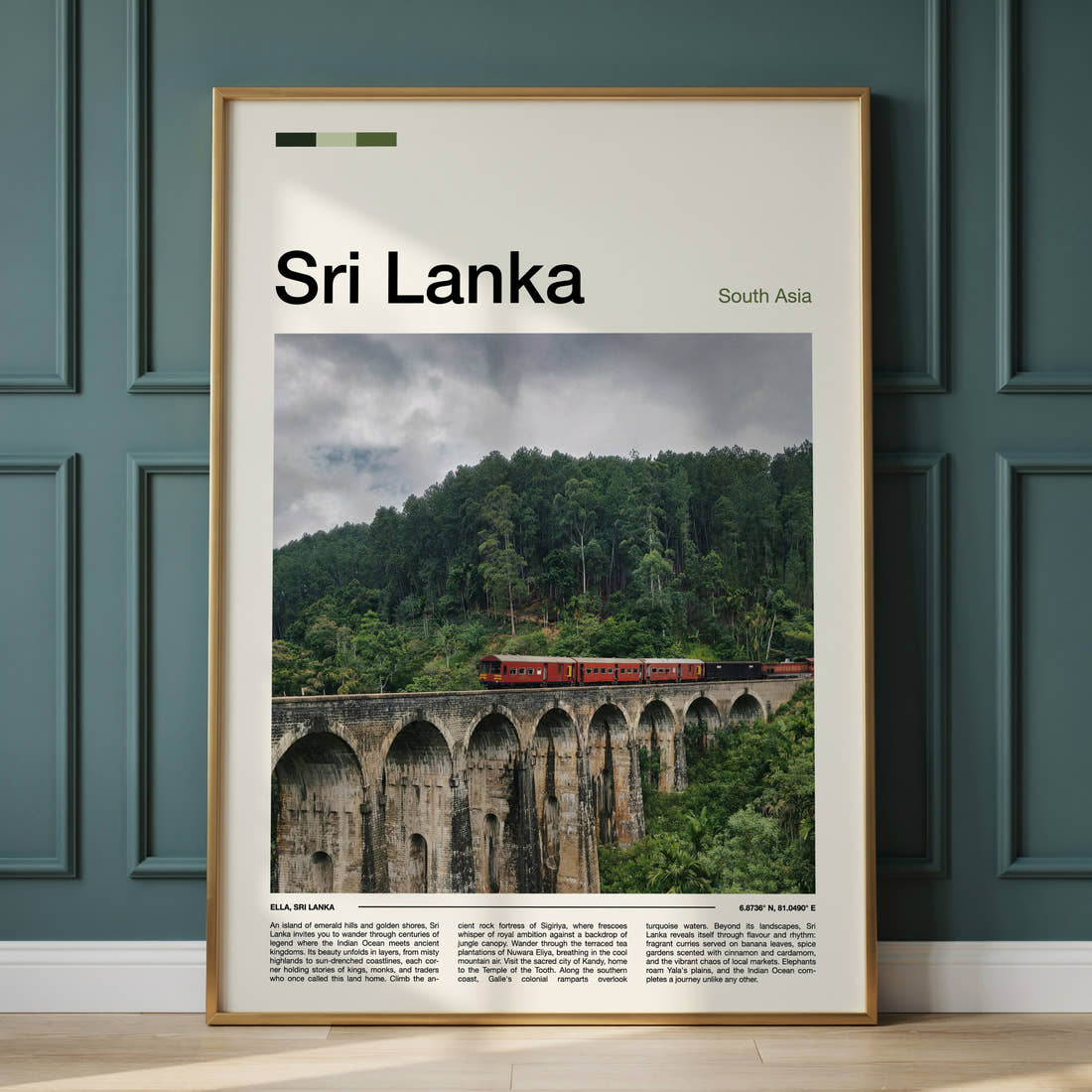 Sri Lanka Nine Arches Bridge Travel Print framed on the wall of a calm, neutral bedroom