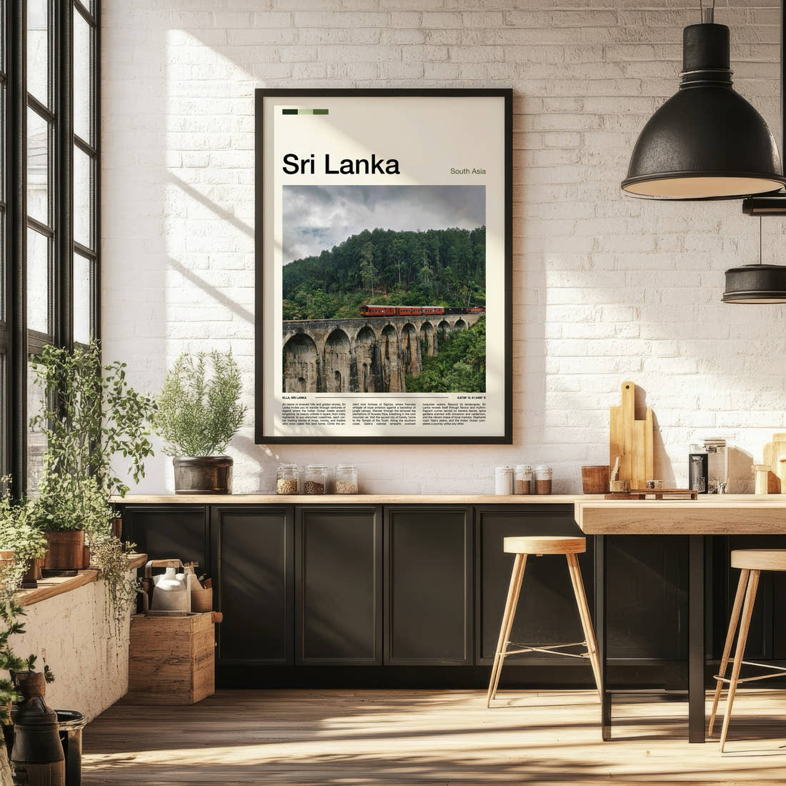 Sri Lanka Nine Arches Bridge Travel Print framed on the wall of a bright kitchen and dining space