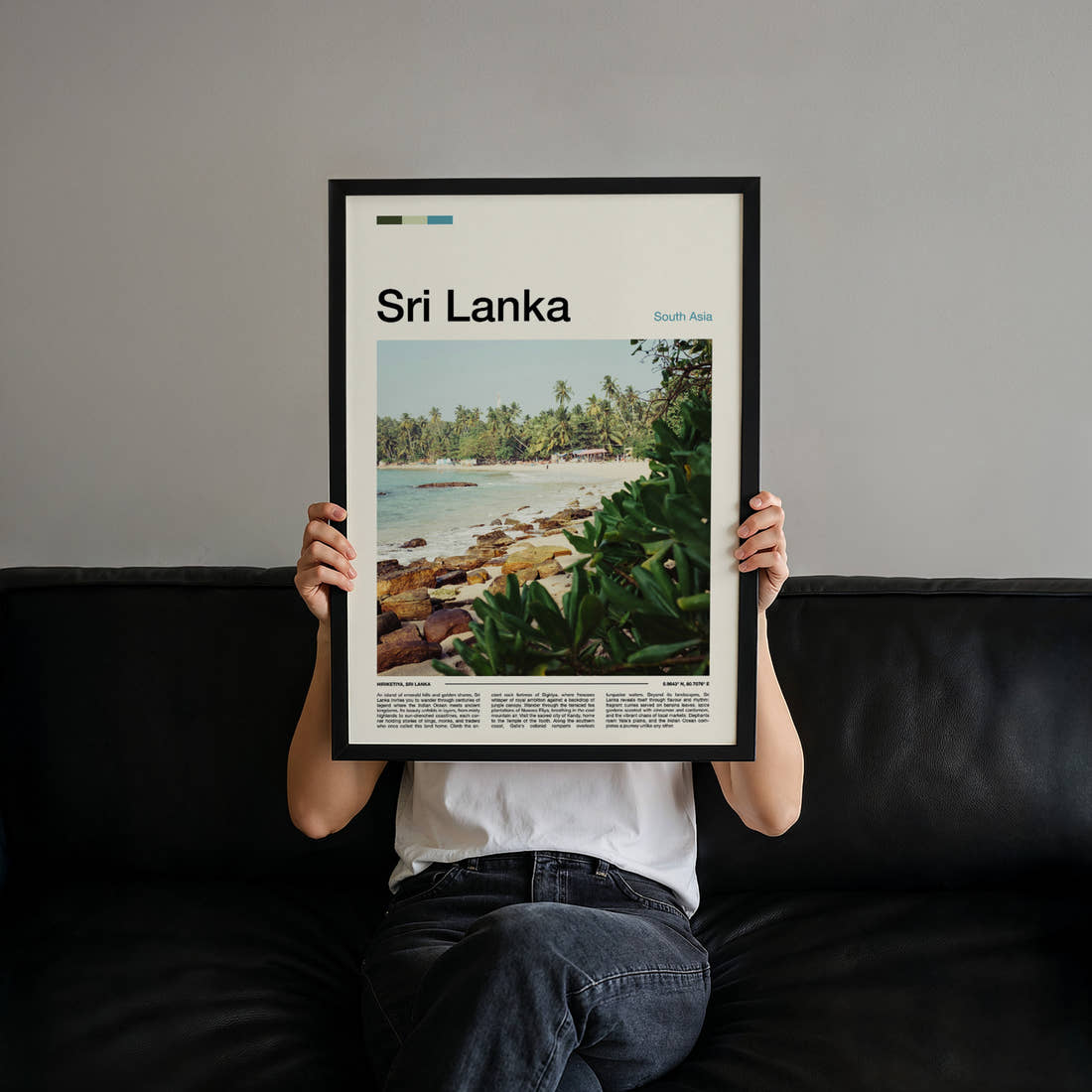 Sri Lanka Palm-Fringed Beach Travel Print held up by hand to show the size of the print
