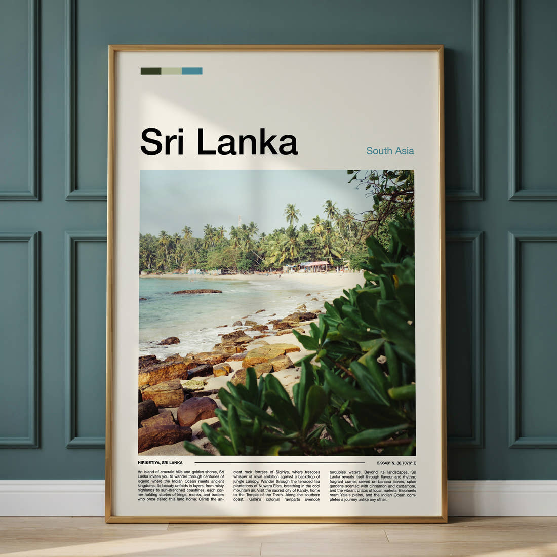 Sri Lanka Palm-Fringed Beach Travel Print framed on the wall of a calm, neutral bedroom