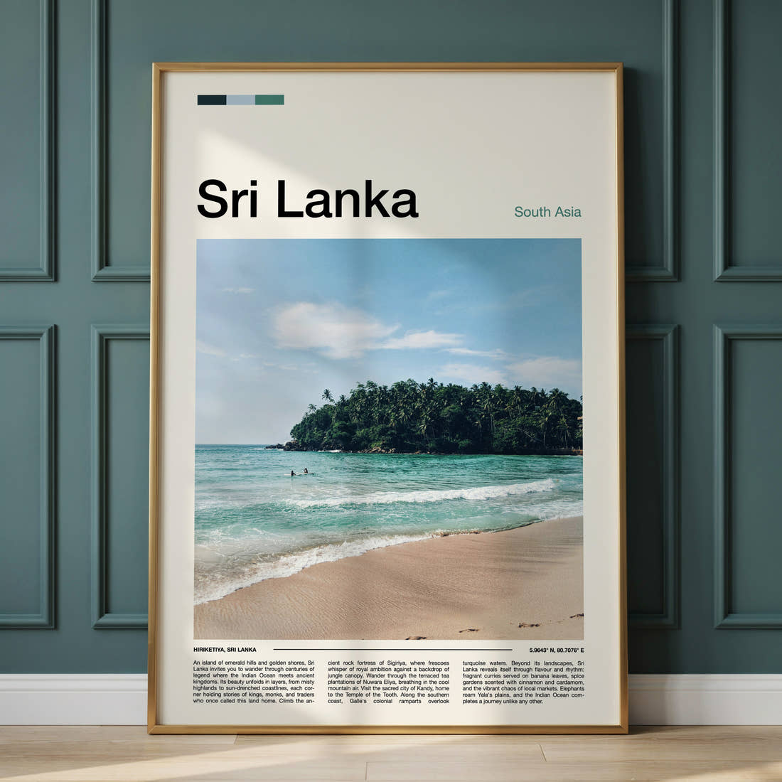 Sri Lanka Jungle Cove Shoreline Travel Print framed on the wall of a calm, neutral bedroom