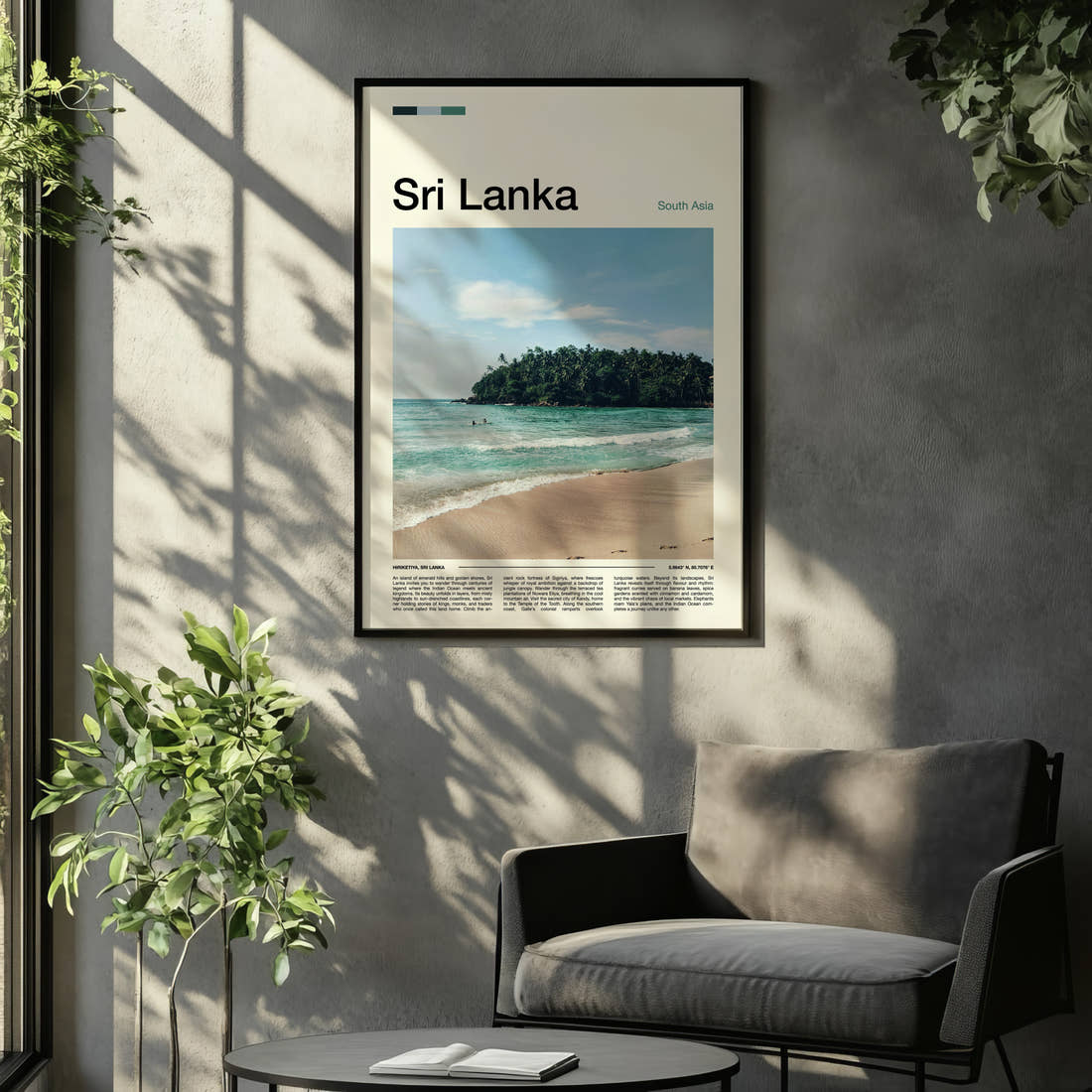 Sri Lanka Jungle Cove Shoreline Travel Print framed on the wall of a relaxed living room