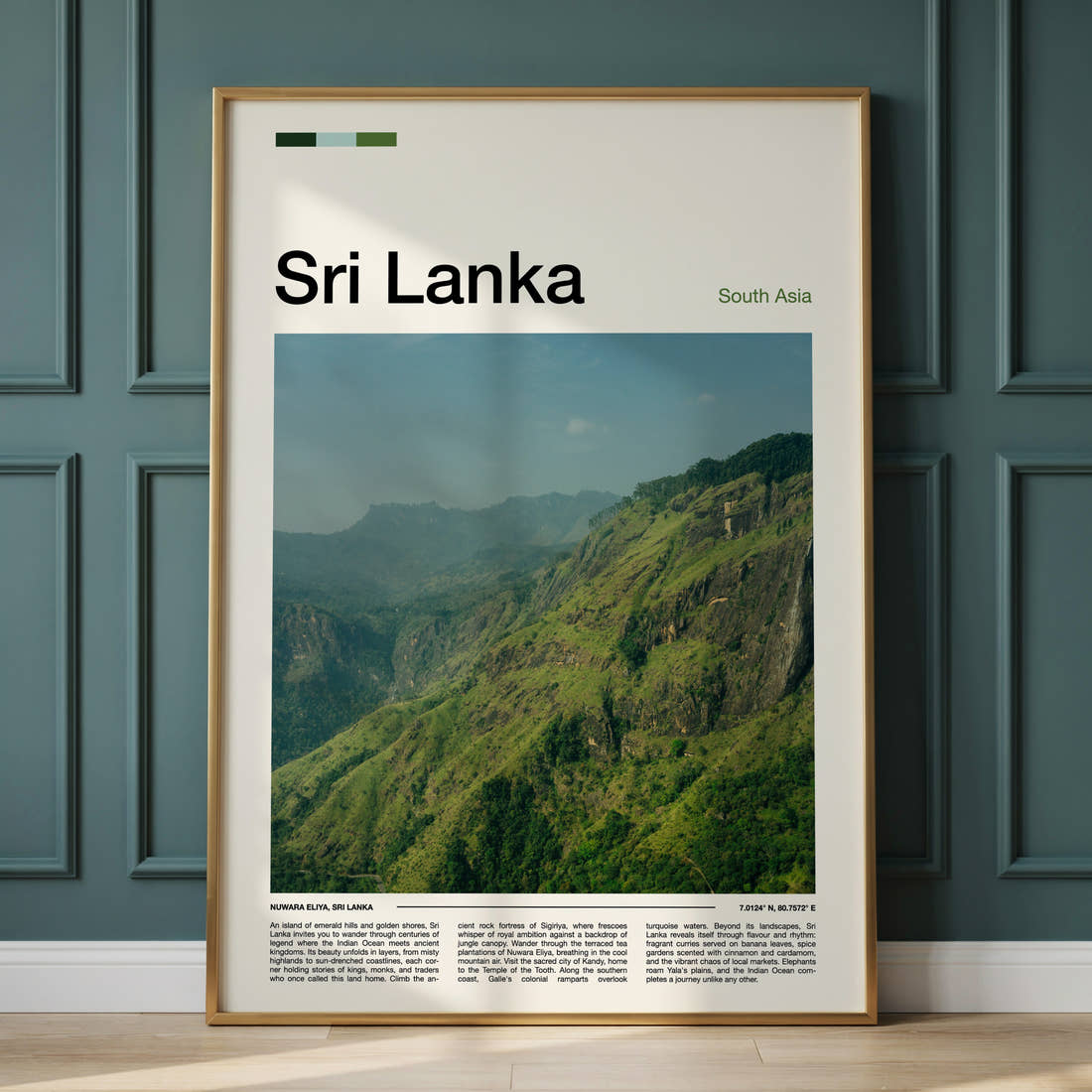 Sri Lanka Misty Hill Ridges Travel Print framed on the wall of a calm, neutral bedroom