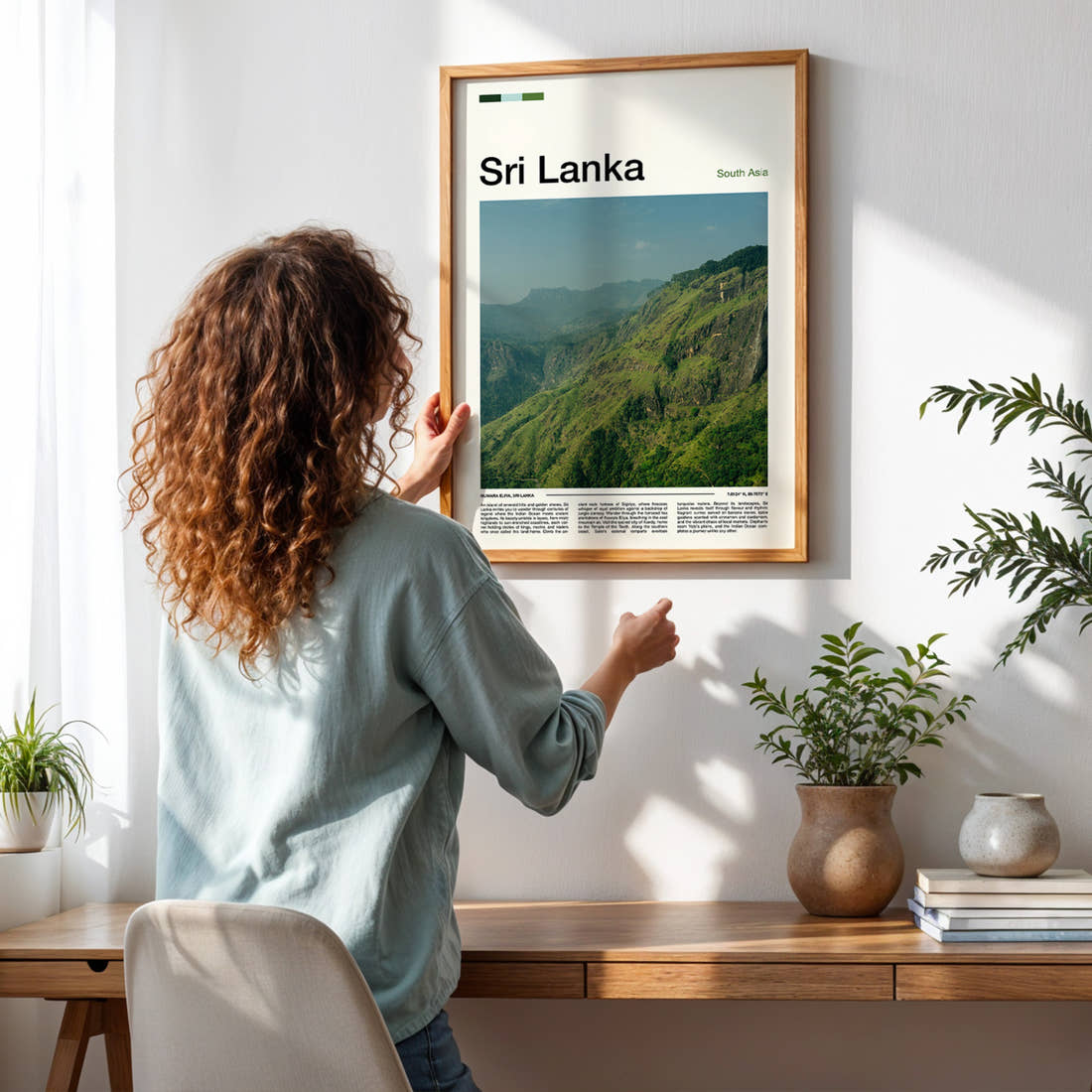 Sri Lanka Misty Hill Ridges Travel Print framed on a pale wall beside houseplants