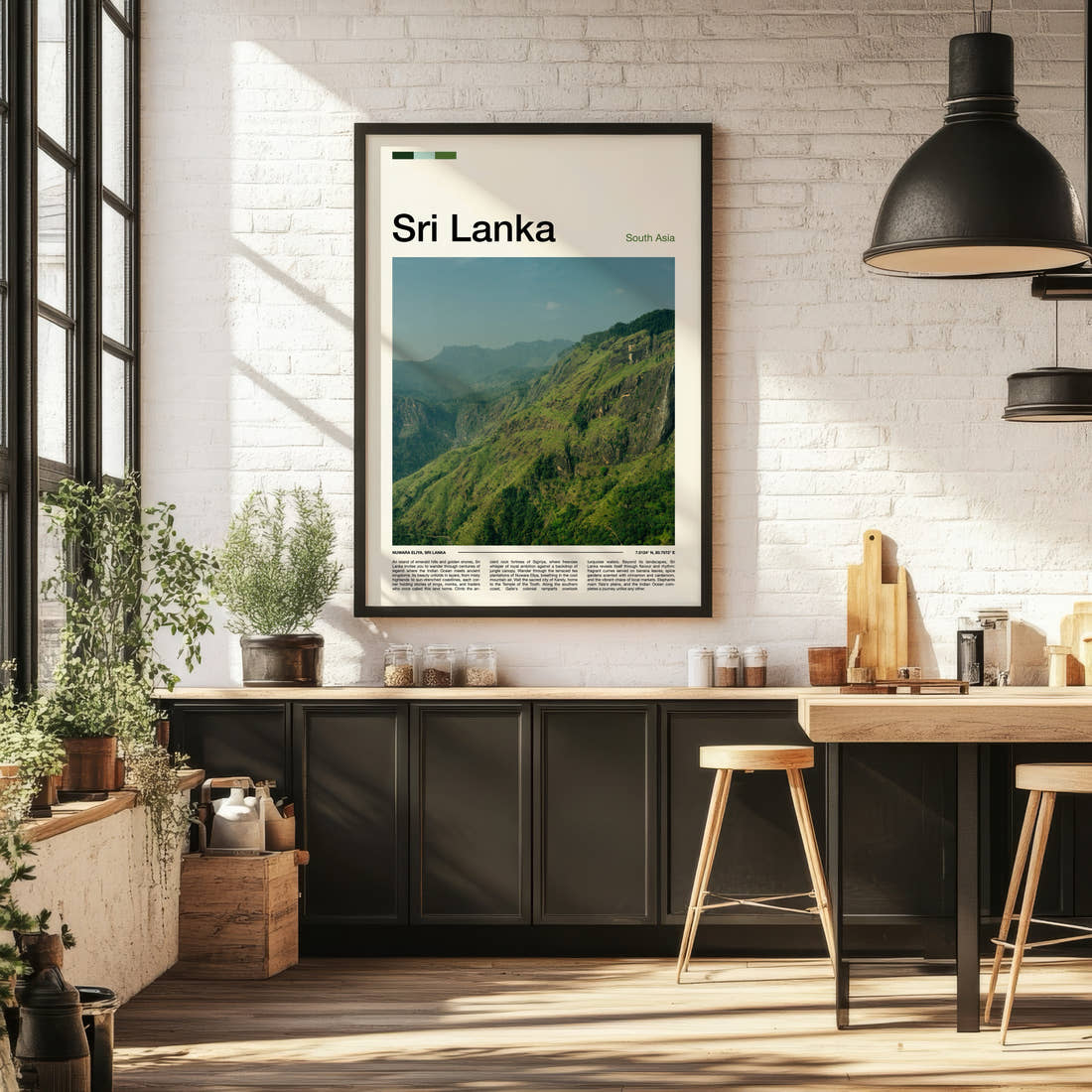 Sri Lanka Misty Hill Ridges Travel Print framed on the wall of a bright kitchen and dining space
