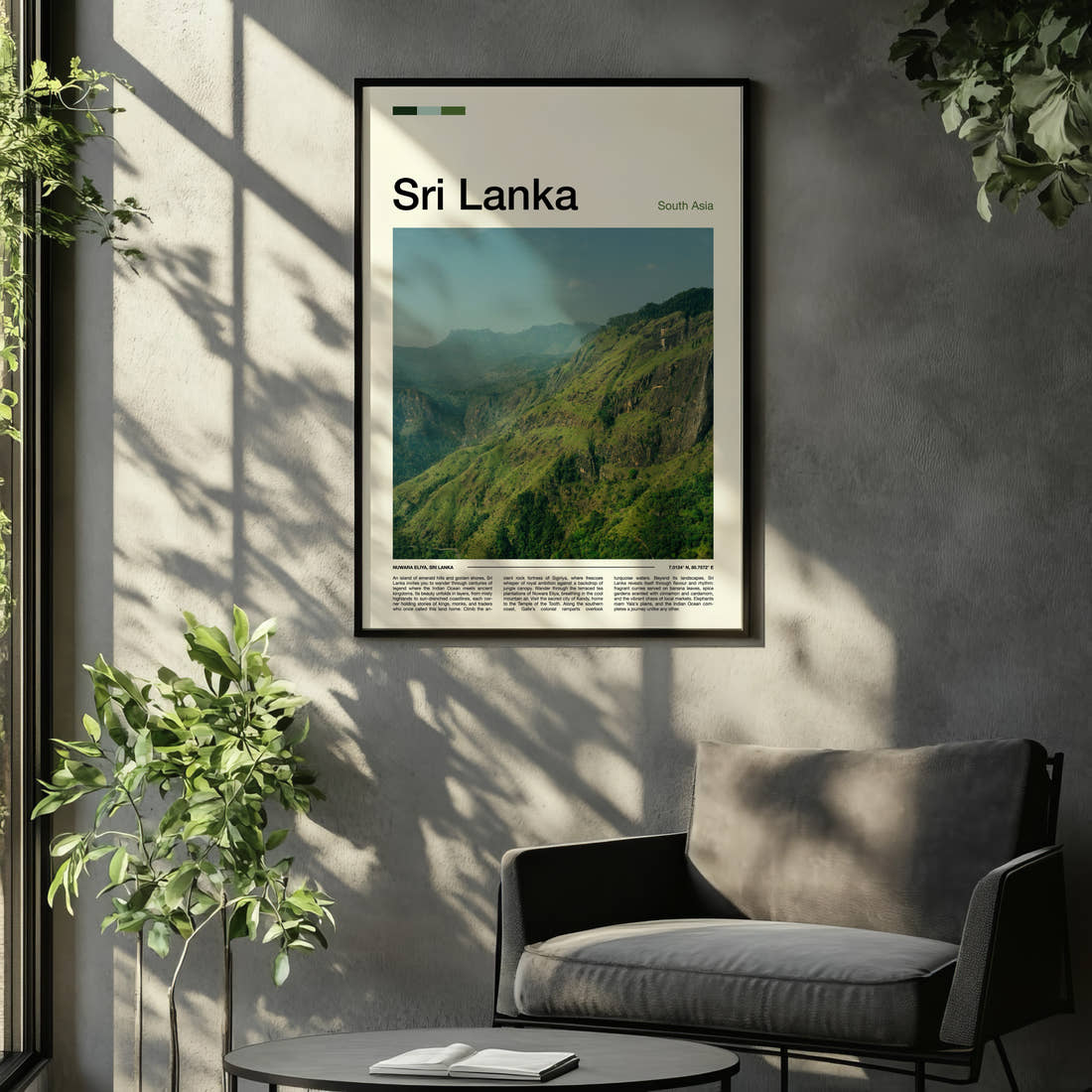 Sri Lanka Misty Hill Ridges Travel Print framed on the wall of a relaxed living room