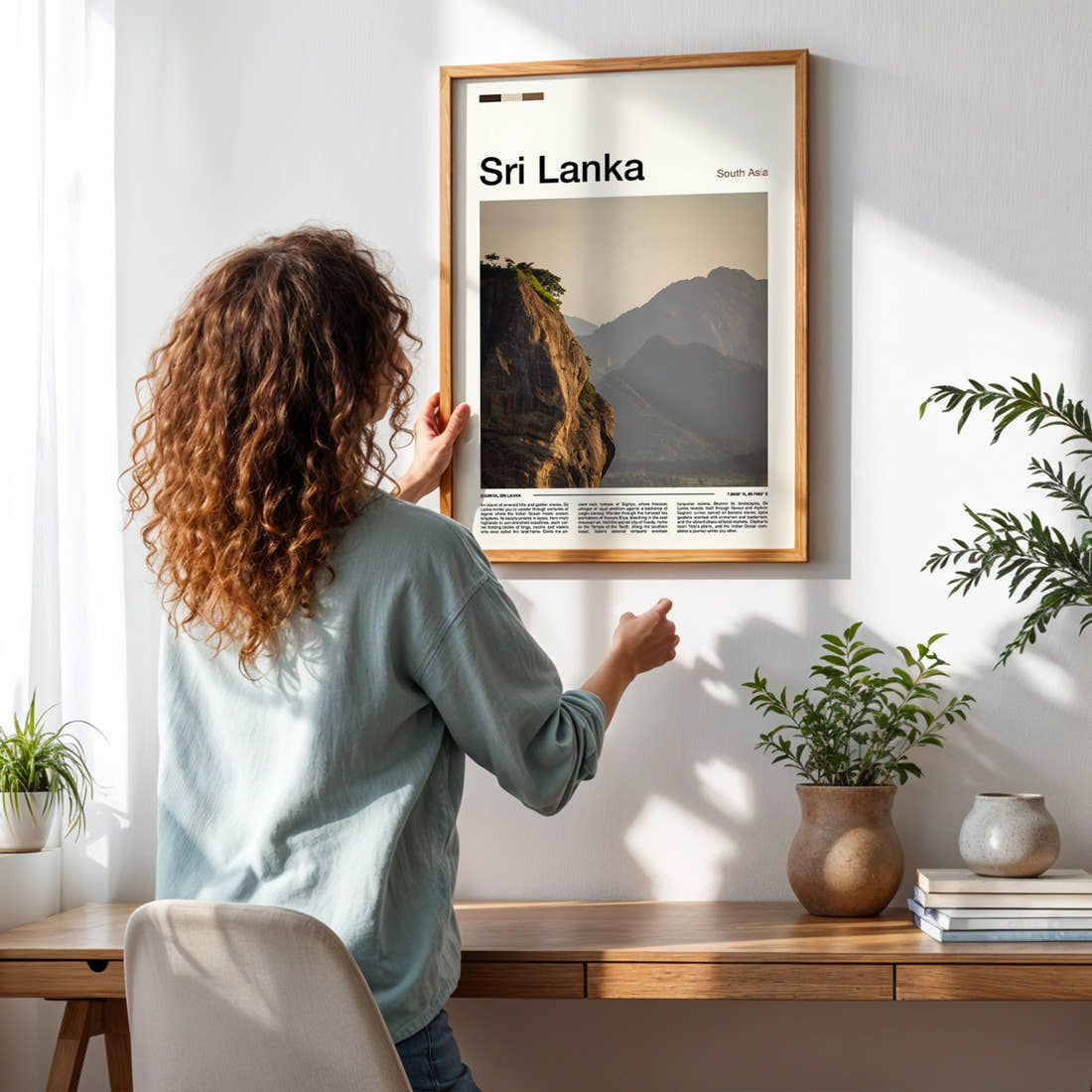 Sri Lanka Ancient Rock Fortress Travel Print framed on a pale wall beside houseplants