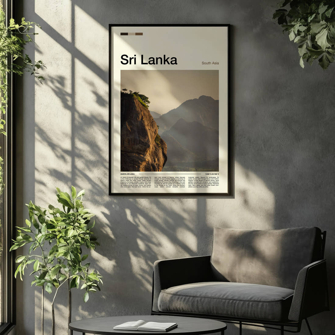 Sri Lanka Ancient Rock Fortress Travel Print framed on the wall of a relaxed living room