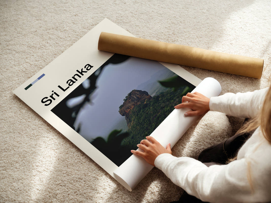 Sri Lanka Ancient Rock Fortress Travel Print being unrolled from its postal tube
