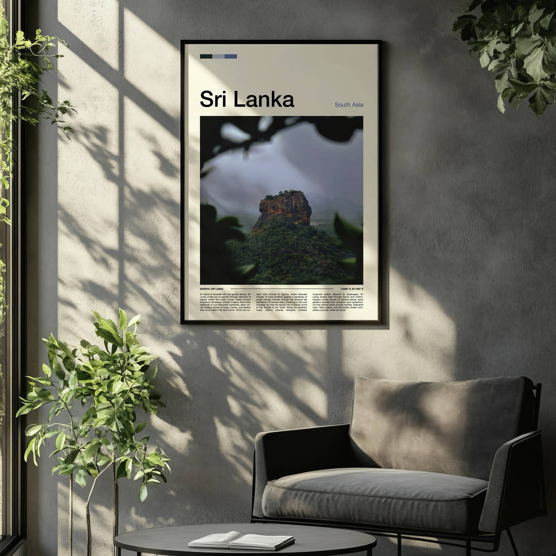 Sri Lanka Ancient Rock Fortress Travel Print framed on the wall of a relaxed living room