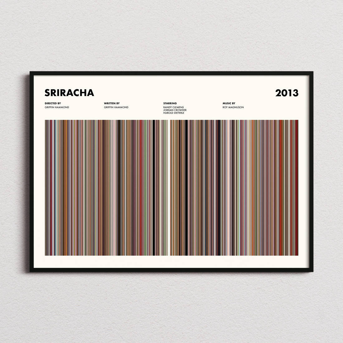 Sriracha Movie Barcode Poster framed and photographed straight on