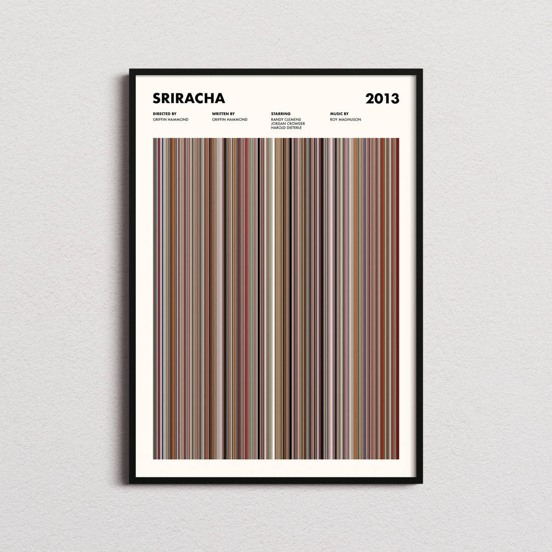 Sriracha Movie Barcode Poster framed on a plain studio wall