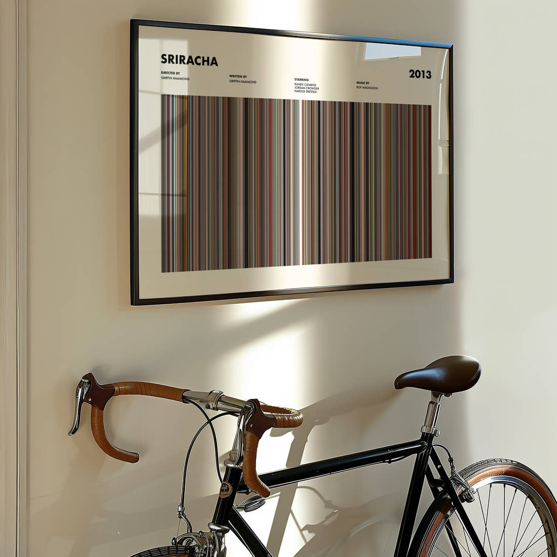 Sriracha Movie Barcode Poster framed on the wall of a styled room setting