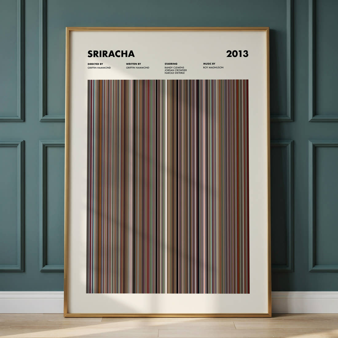 Sriracha Movie Barcode Poster framed and leaning against a panelled wall