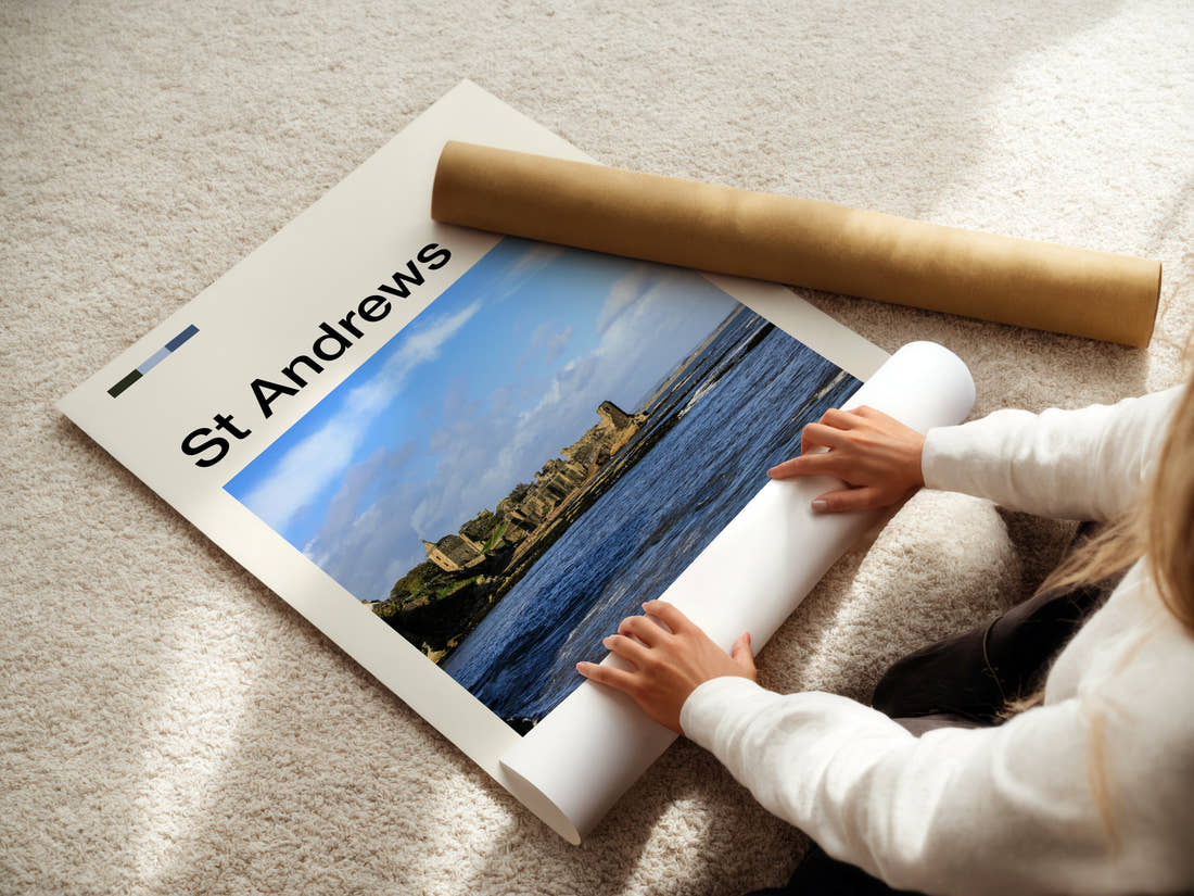 St Andrews Ruined Cathedral Coastline Travel Print being unrolled from its postal tube