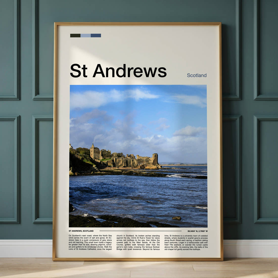 St Andrews Ruined Cathedral Coastline Travel Print framed on the wall of a calm, neutral bedroom