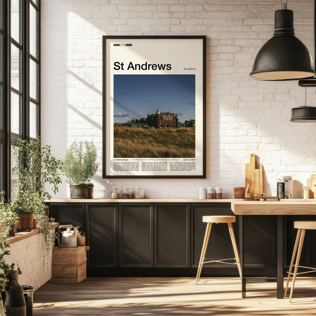 St Andrews Historic Hotel Skyline Travel Print framed on the wall of a bright kitchen and dining space
