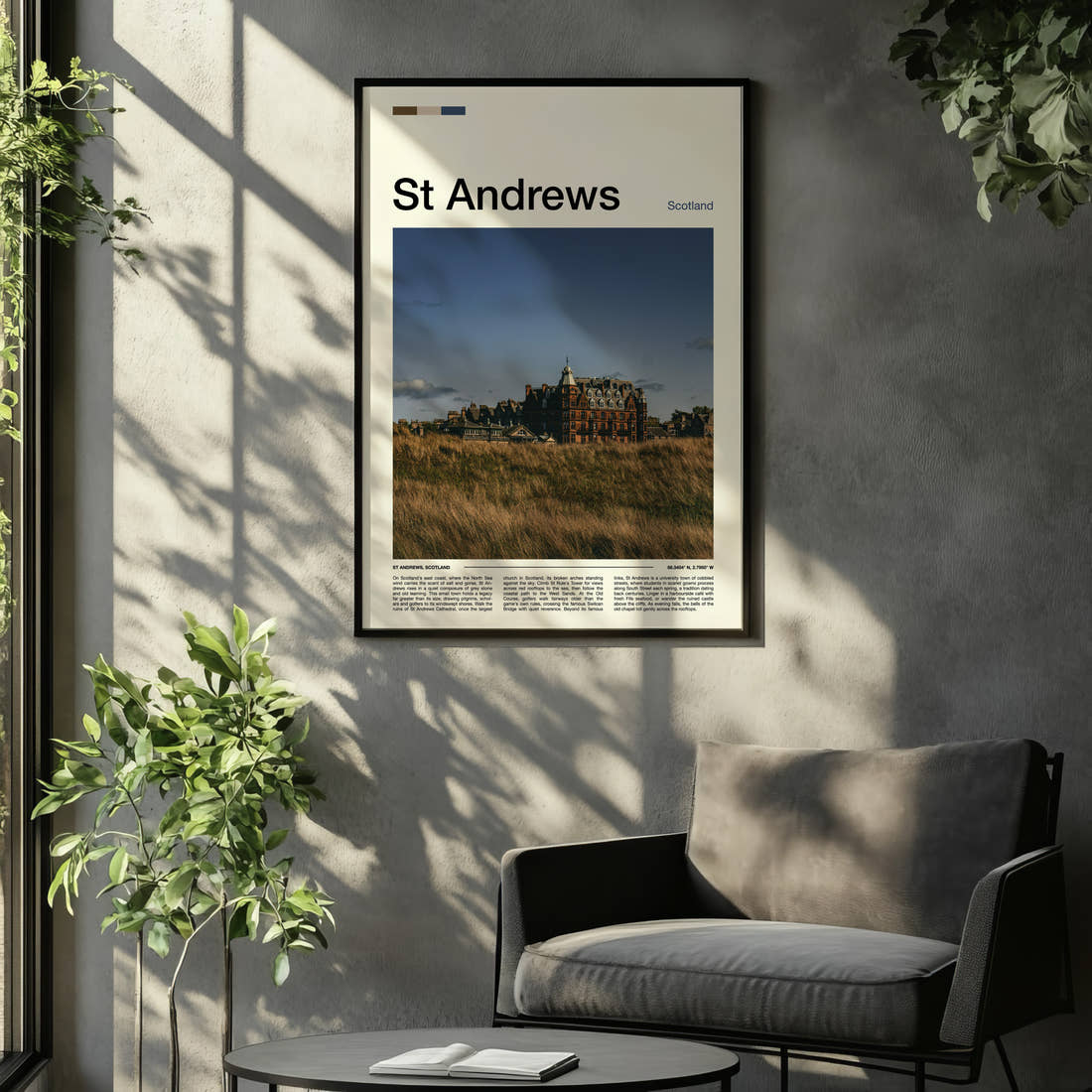 St Andrews Historic Hotel Skyline Travel Print framed on the wall of a relaxed living room