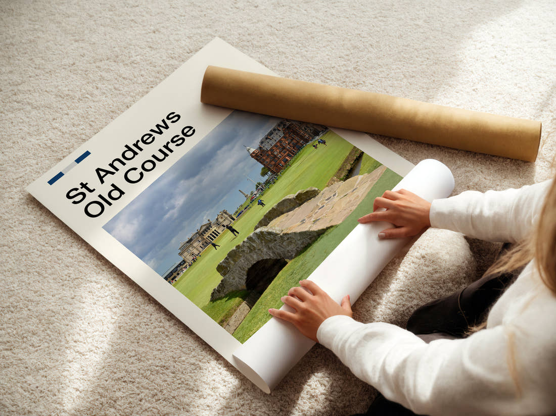 St Andrews Old Course Golf Course Print being unrolled from its postal tube