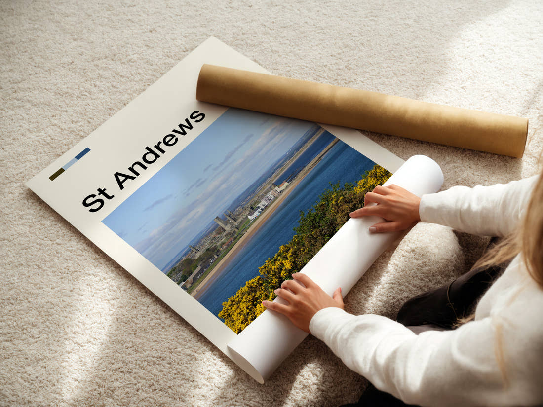 St Andrews Coastal Town View Travel Print being unrolled from its postal tube
