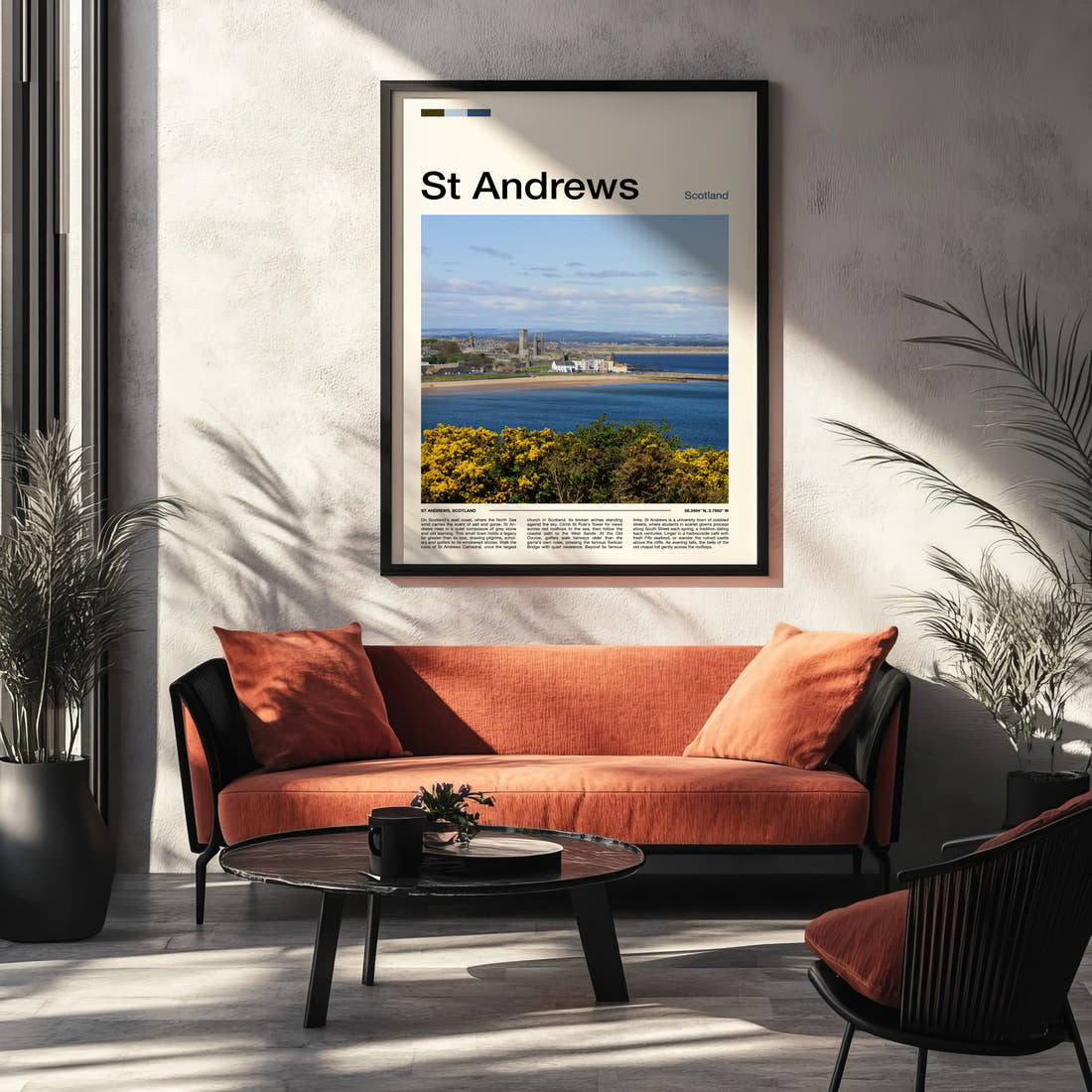 St Andrews Coastal Town View Travel Print framed on the wall of a modern living room